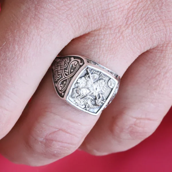 Authentic Saint George Sterling Silver 925 Signet Ring – Greek Orthodox Prayer – Sacred Christian Jewelry