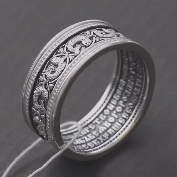 Handmade Men's Orthodox Silver 925 Ring – Lord's Prayer – Fish Motif – Wide Band – Religious Jewelry