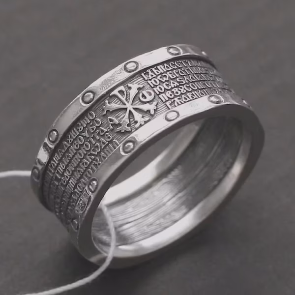 Symbolic Orthodox Silver Ring – 925 Psalm Band – Christ Emblem – Old Slavonic Faith Jewelry for Men