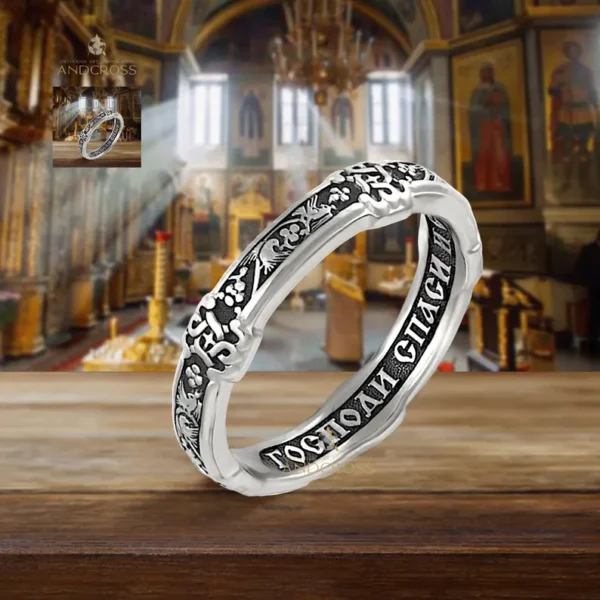 Orthodox Ring 925 Dove Russian Inscription Prayer Silver