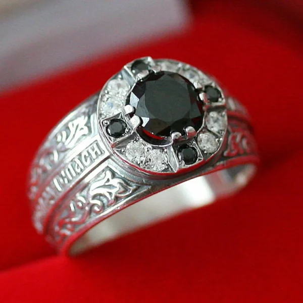 Men's Russian Orthodox Sterling Silver Ring with Gemstones