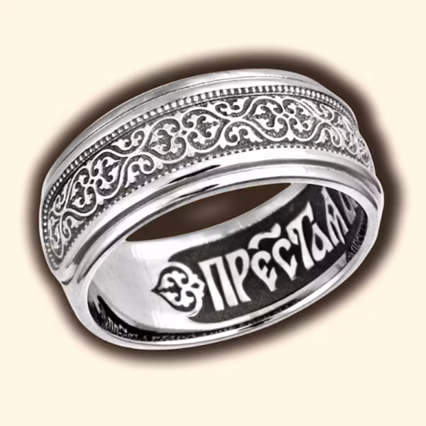 Byzantine Flower Sterling Silver 925 Ring, Russian Orthodox Prayer
