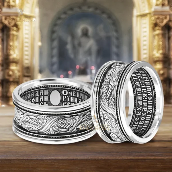 Genuine Men's Orthodox Sterling Silver 925 Ring – Saint Fish Symbol – Lord's Prayer Inscription